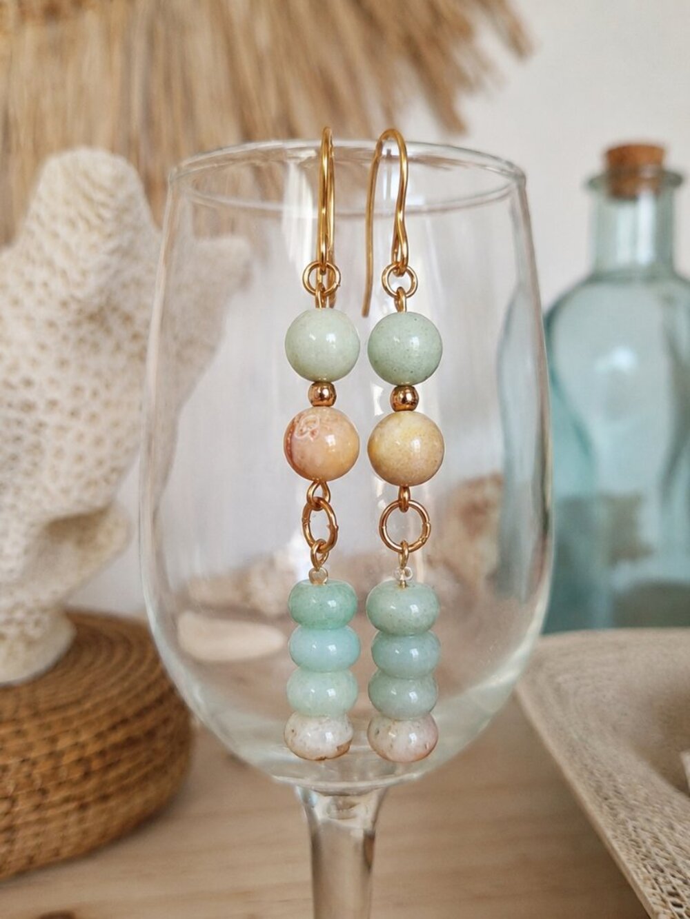 Amazonite Stone Gold French Hook Dangle Earrings Boho Chic Coastal Summer Gifts